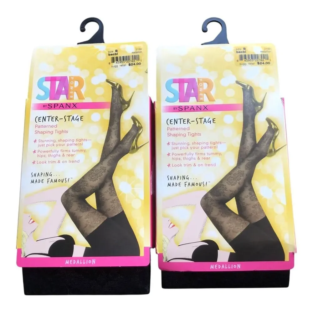 2 Pair SPANX Medallion Pattern Shaping Tights Black Size B Control Hosiery Lot